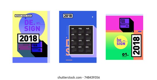 New Year 2018 Calendar Cover Template. Set of Calendar and Poster with Colorful Memphis Style background.