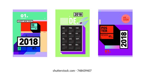 New Year 2018 Calendar Cover Template. Set of Calendar and Poster with Colorful Memphis Style background.