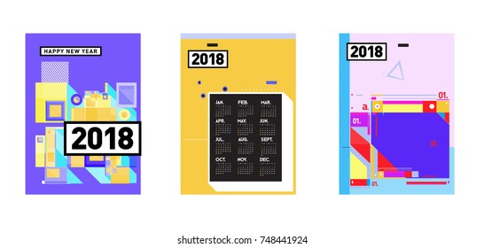 New Year 2018 Calendar Cover Template. Set of Calendar and Poster with Colorful Memphis Style background.