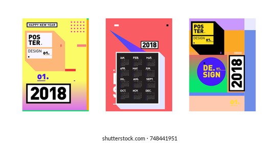 New Year 2018 Calendar Cover Template. Set of Calendar and Poster with Colorful Memphis Style background.