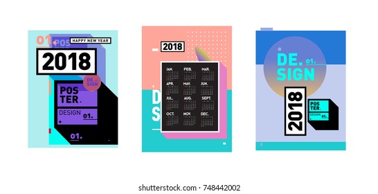 New Year 2018 Calendar Cover Template. Set of Calendar and Poster with Colorful Memphis Style background.