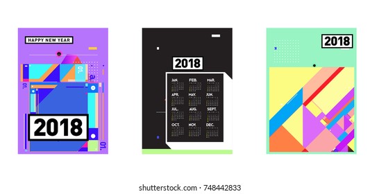 New Year 2018 Calendar Cover Template. Set of Calendar and Poster with Colorful Memphis Style background.