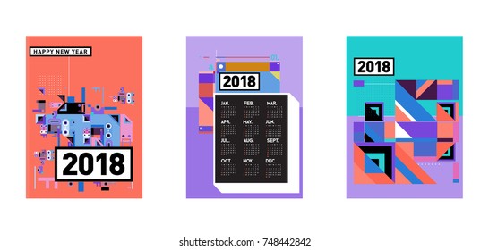 New Year 2018 Calendar Cover Template. Set of Calendar and Poster with Colorful Memphis Style background.