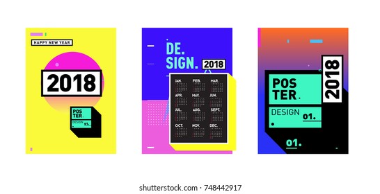 New Year 2018 Calendar Cover Template. Set of Calendar and Poster with Colorful Memphis Style background.