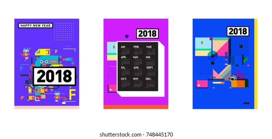 New Year 2018 Calendar Cover Template. Set of Calendar and Poster with Colorful Memphis Style background.
