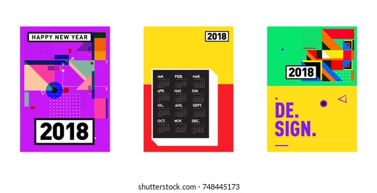 New Year 2018 Calendar Cover Template. Set of Calendar and Poster with Colorful Memphis Style background.