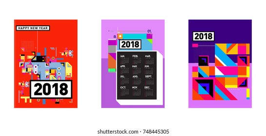 New Year 2018 Calendar Cover Template. Set of Calendar and Poster with Colorful Memphis Style background.