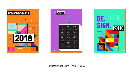 New Year 2018 Calendar Cover Template. Set of Calendar and Poster with Colorful Memphis Style background.