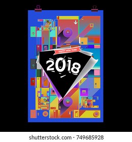 New Year 2018 Calendar Cover Template. Calendar and Poster Design with Colorful Memphis Style background.