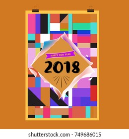 New Year 2018 Calendar Cover Template. Calendar and Poster Design with Colorful Memphis Style background.