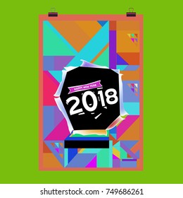 New Year 2018 Calendar Cover Template. Calendar and Poster Design with Colorful Memphis Style background.
