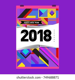 New Year 2018 Calendar Cover Template. Calendar and Poster Design with Colorful Memphis Style background.