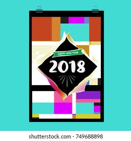 New Year 2018 Calendar Cover Template. Calendar and Poster Design with Colorful Memphis Style background.