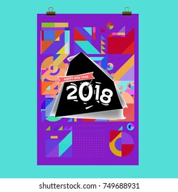New Year 2018 Calendar Cover Template. Calendar and Poster Design with Colorful Memphis Style background.