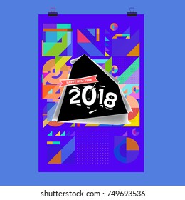 New Year 2018 Calendar Cover Template. Calendar and Poster Design with Colorful Memphis Style background.