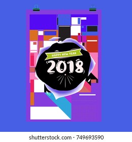 New Year 2018 Calendar Cover Template. Calendar and Poster Design with Colorful Memphis Style background.