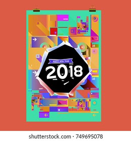 New Year 2018 Calendar Cover Template. Calendar and Poster Design with Colorful Memphis Style background.