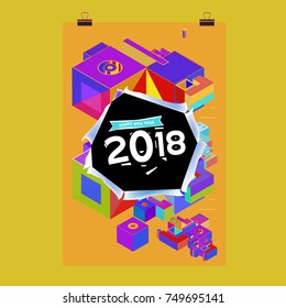 New Year 2018 Calendar Cover Template. Calendar and Poster Design with Colorful Memphis Style background.