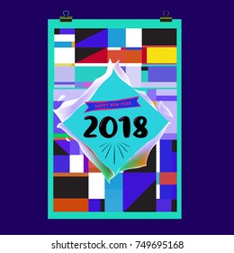 New Year 2018 Calendar Cover Template. Calendar and Poster Design with Colorful Memphis Style background.