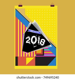 New Year 2018 Calendar Cover Template. Calendar and Poster Design with Colorful Memphis Style background.