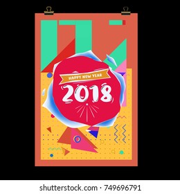 New Year 2018 Calendar Cover Template. Calendar and Poster Design with Colorful Memphis Style background.