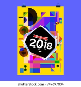 New Year 2018 Calendar Cover Template. Calendar and Poster Design with Colorful Memphis Style background.