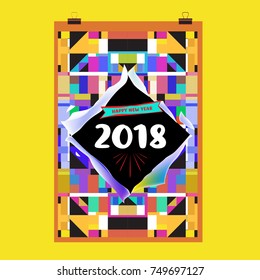 New Year 2018 Calendar Cover Template. Calendar and Poster Design with Colorful Memphis Style background.