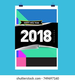 New Year 2018 Calendar Cover Template. Calendar and Poster Design with Colorful Memphis Style background.