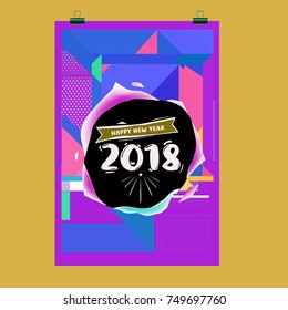 New Year 2018 Calendar Cover Template. Calendar and Poster Design with Colorful Memphis Style background.