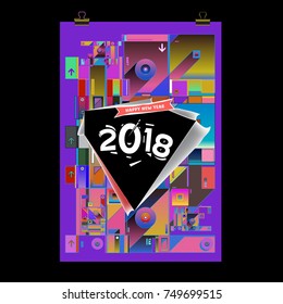 New Year 2018 Calendar Cover Template. Calendar and Poster Design with Colorful Memphis Style background.