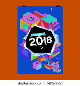 New Year 2018 Calendar Cover Template. Calendar and Poster Design with Colorful Memphis Style background.