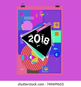New Year 2018 Calendar Cover Template. Calendar and Poster Design with Colorful Memphis Style background.