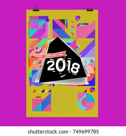 New Year 2018 Calendar Cover Template. Calendar and Poster Design with Colorful Memphis Style background.