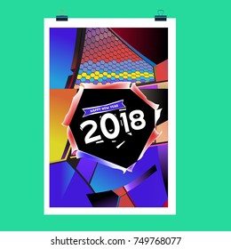 New Year 2018 Calendar Cover Template. Calendar and Poster Design with Colorful Memphis Style background.