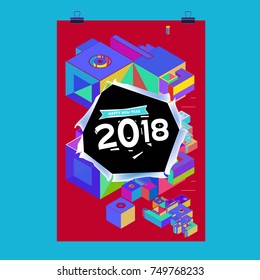 New Year 2018 Calendar Cover Template. Calendar and Poster Design with Colorful Memphis Style background.