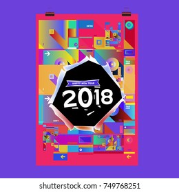 New Year 2018 Calendar Cover Template. Calendar and Poster Design with Colorful Memphis Style background.