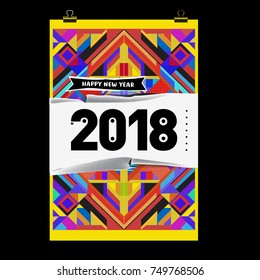 New Year 2018 Calendar Cover Template. Calendar and Poster Design with Colorful Memphis Style background.