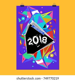 New Year 2018 Calendar Cover Template. Calendar and Poster Design with Colorful Memphis Style background.