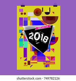 New Year 2018 Calendar Cover Template. Calendar and Poster Design with Colorful Memphis Style background.