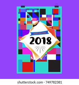 New Year 2018 Calendar Cover Template. Calendar and Poster Design with Colorful Memphis Style background.