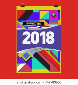 New Year 2018 Calendar Cover Template. Calendar and Poster Design with Colorful Memphis Style background.