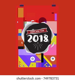 New Year 2018 Calendar Cover Template. Calendar and Poster Design with Colorful Memphis Style background.