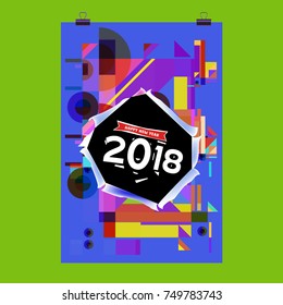 New Year 2018 Calendar Cover Template. Calendar and Poster Design with Colorful Memphis Style background.
