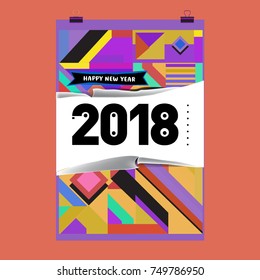 New Year 2018 Calendar Cover Template. Calendar and Poster Design with Colorful Memphis Style background.