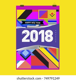 New Year 2018 Calendar Cover Template. Calendar and Poster Design with Colorful Memphis Style background.