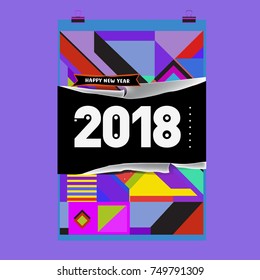 New Year 2018 Calendar Cover Template. Calendar and Poster Design with Colorful Memphis Style background.