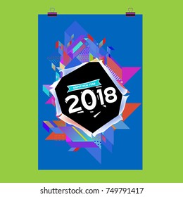 New Year 2018 Calendar Cover Template. Calendar and Poster Design with Colorful Memphis Style background.