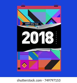 New Year 2018 Calendar Cover Template. Calendar and Poster Design with Colorful Memphis Style background.