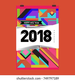New Year 2018 Calendar Cover Template. Calendar and Poster Design with Colorful Memphis Style background.