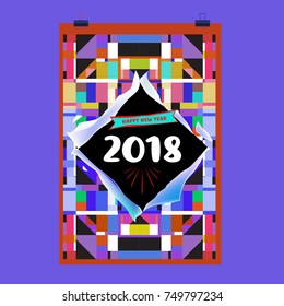 New Year 2018 Calendar Cover Template. Calendar and Poster Design with Colorful Memphis Style background.